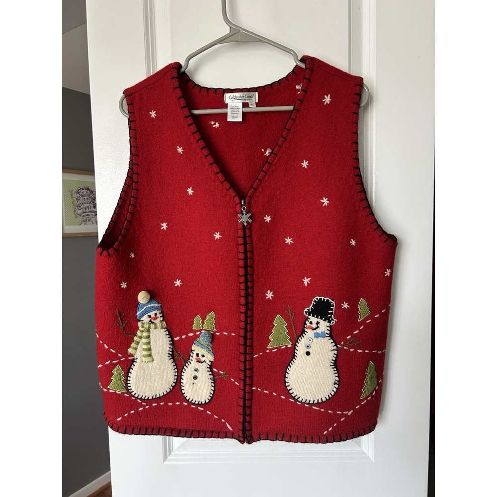 Vintage Coldwater Creek Red Wool Snowman Christmas Winter Vest Size XL
